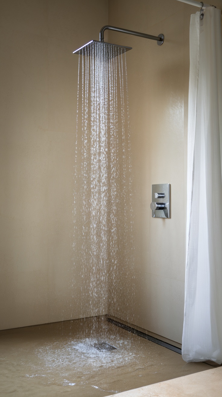 Rain shower head with water flowing in a modern bathroom