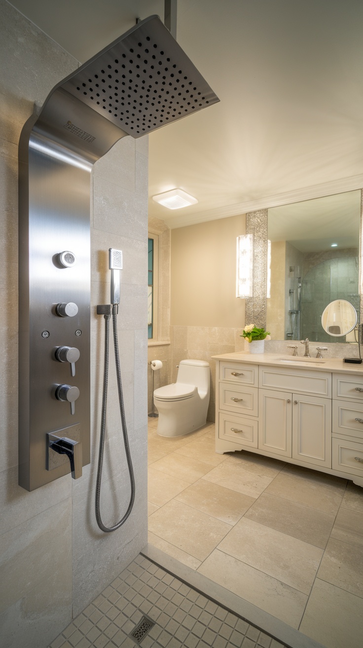 A modern shower area with a sleek rainfall showerhead, showcasing a luxurious and spa-like design.