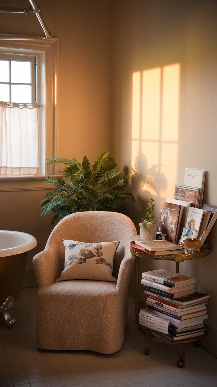 Cozy bathroom corner with a chair, plant, and books.