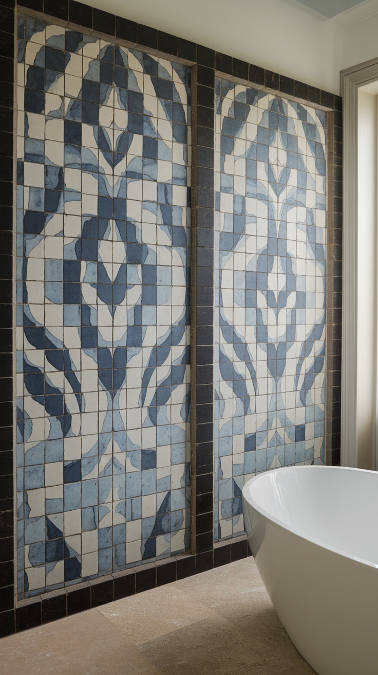 Artful wall treatments featuring blue and white patterned tiles in a bathroom setting.