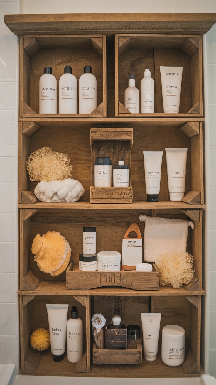 A neatly organized wooden shelf displaying various luxurious bath products, including shampoos, conditioners, and body lotions.