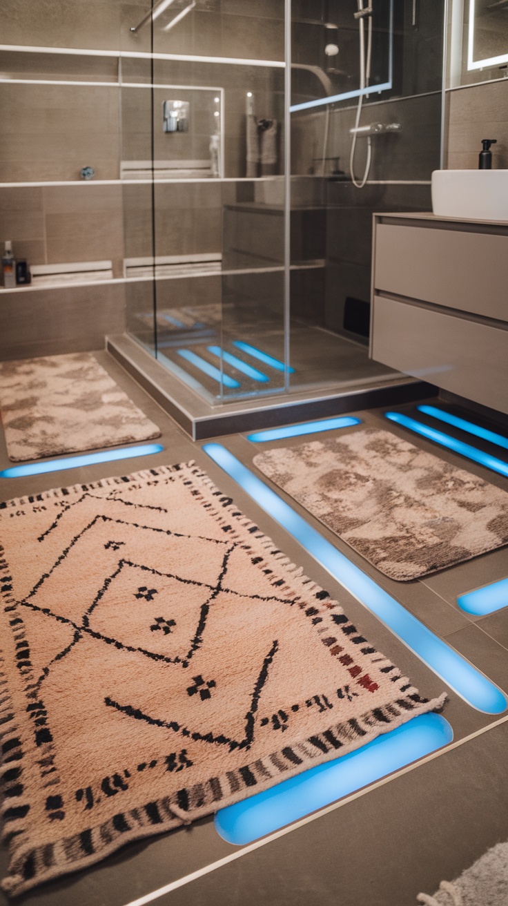 A modern bathroom featuring heated floors and stylish rugs.