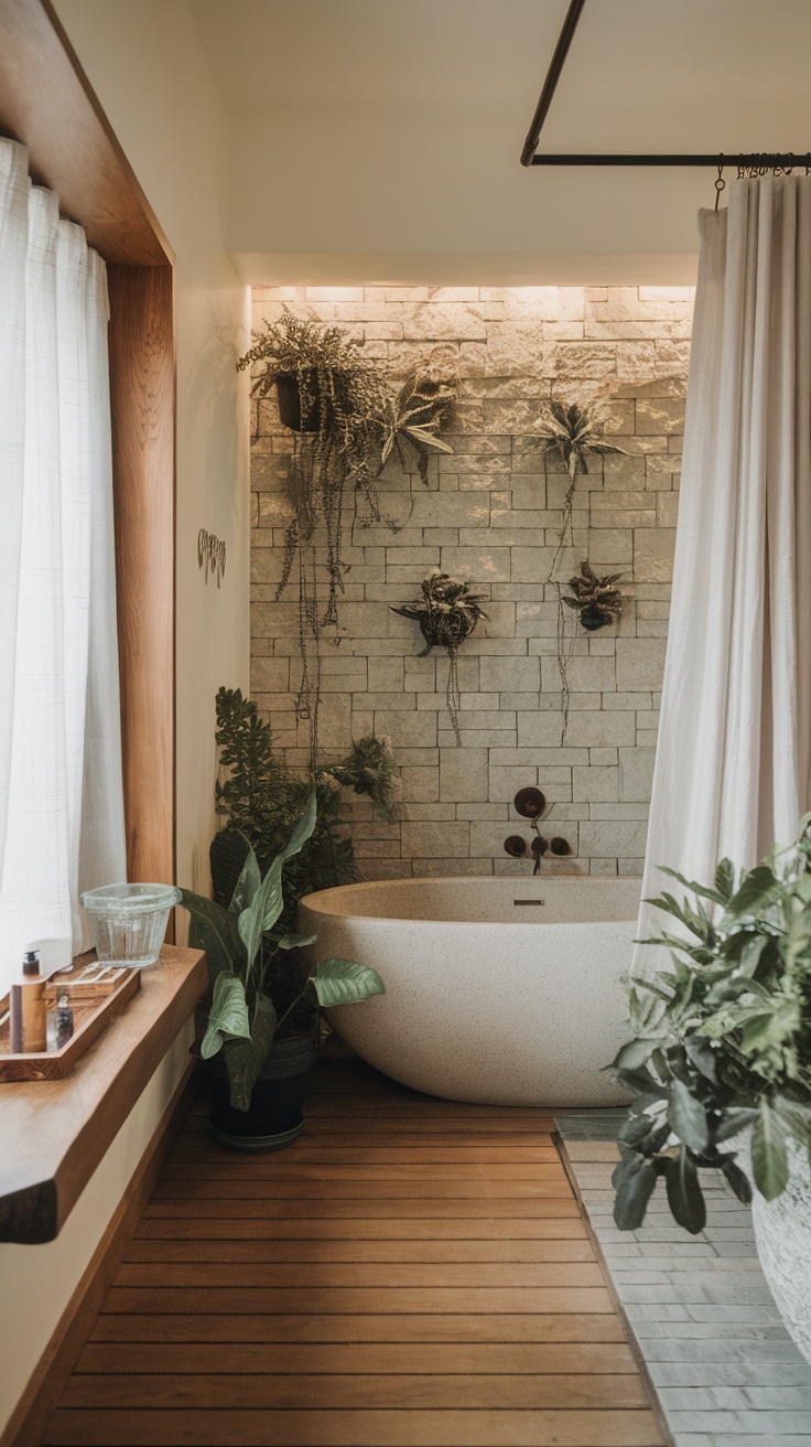 A serene bathroom featuring natural elements, including plants and stone accents.