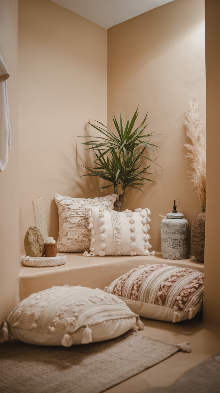 Cozy bathroom relaxation space with floor cushions and decorative elements.