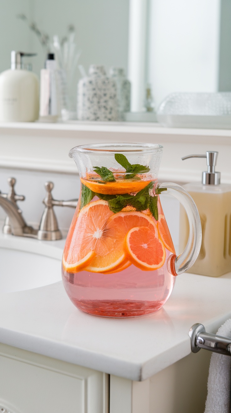 A pitcher of infused water with orange slices and mint leaves on a bathroom countertop.