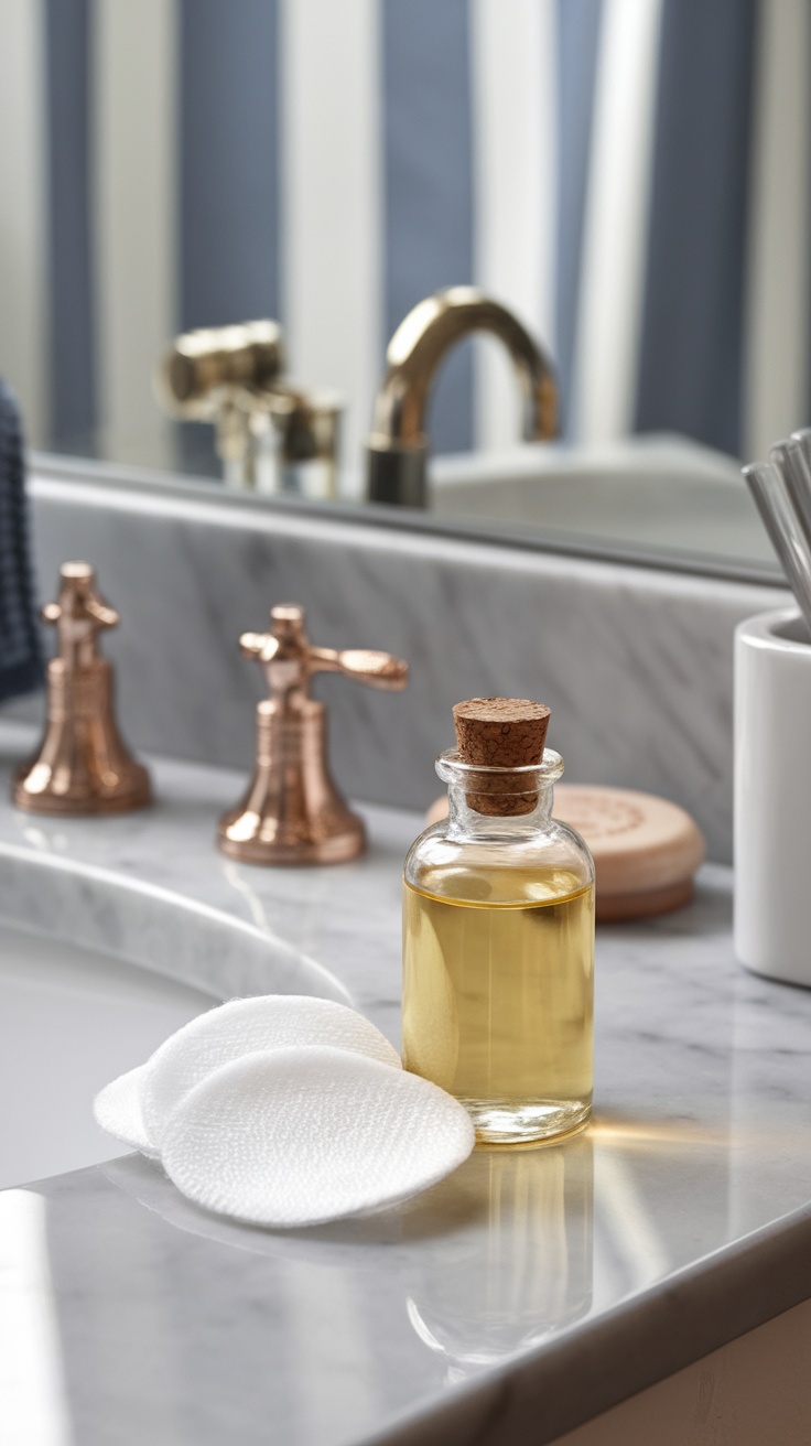 A small bottle of natural oil beside cotton pads on a bathroom countertop, creating a spa-like atmosphere.