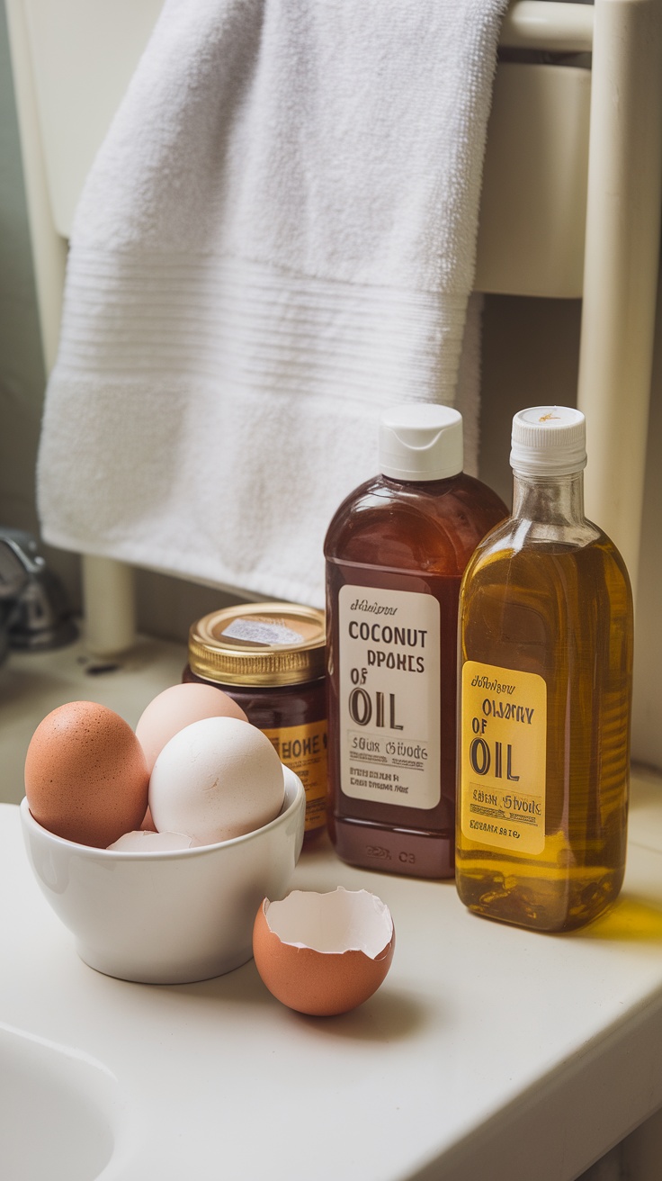 Various pantry items for hair treatments including eggs and oils on a bathroom counter.