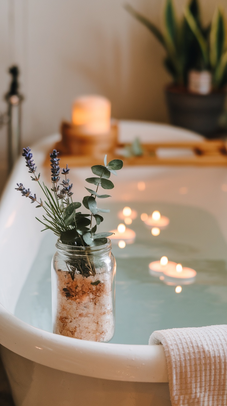 A jar of herbal bath salts with lavender and eucalyptus, placed near a relaxing bath with floating candles.