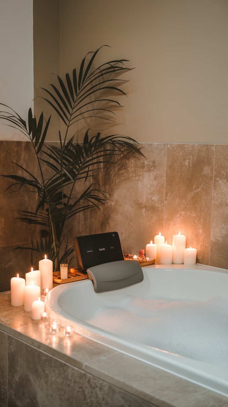 A relaxing bathroom setup featuring candles and a speaker for a spa-like experience.