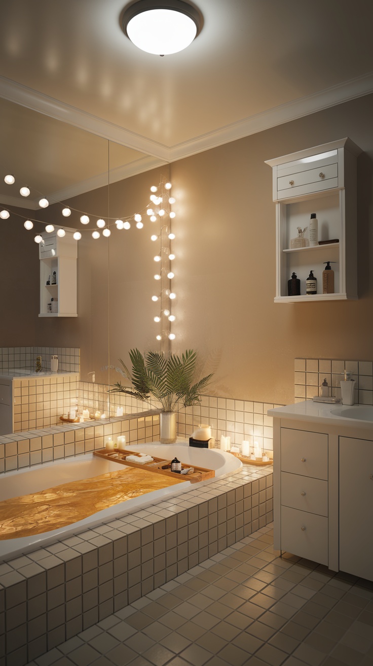 A cozy bathroom with string lights and a spa-like atmosphere.