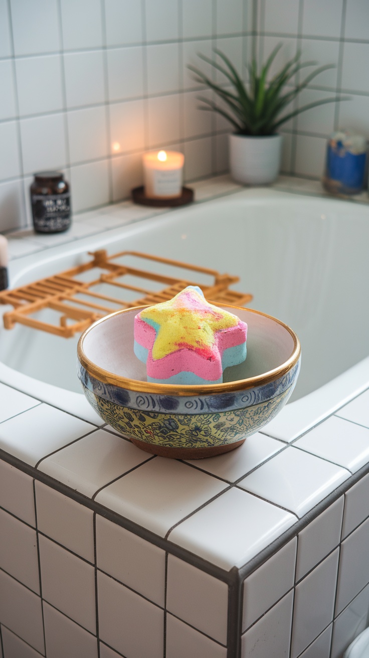 Colorful star-shaped bath bomb placed in a bowl, with a lit candle and a plant in the background.