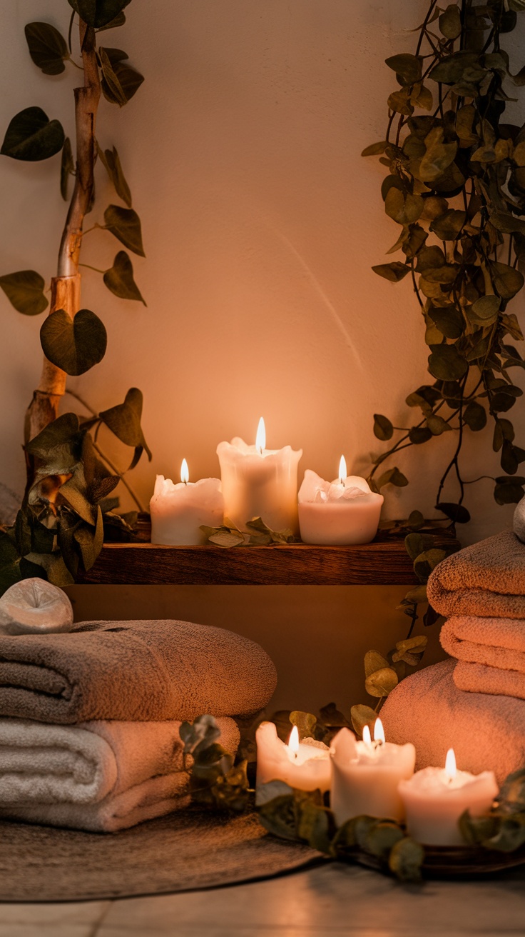 A cozy setup with white candles, soft towels, and greenery, perfect for a DIY spa aesthetic.