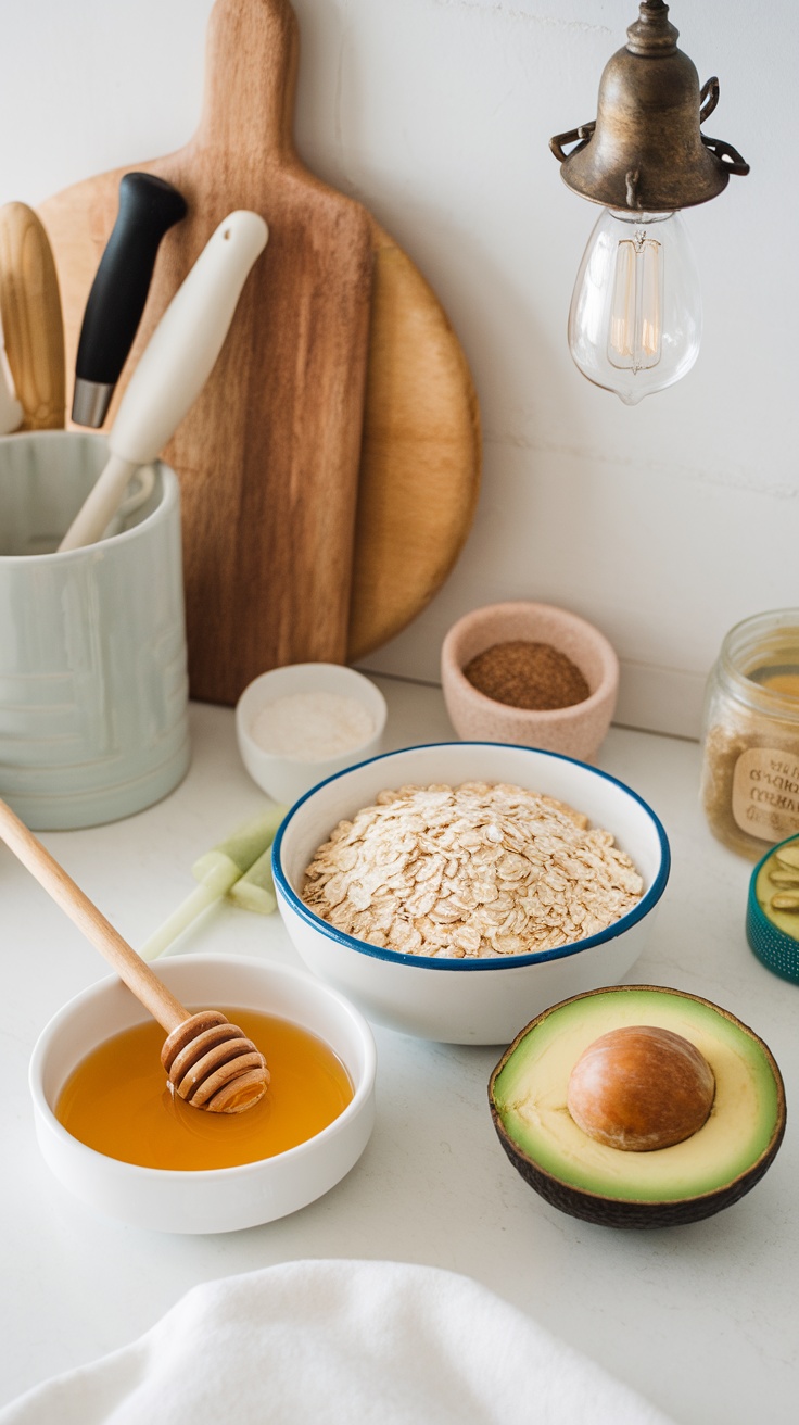 Ingredients for a DIY face mask including honey, oats, and avocado.