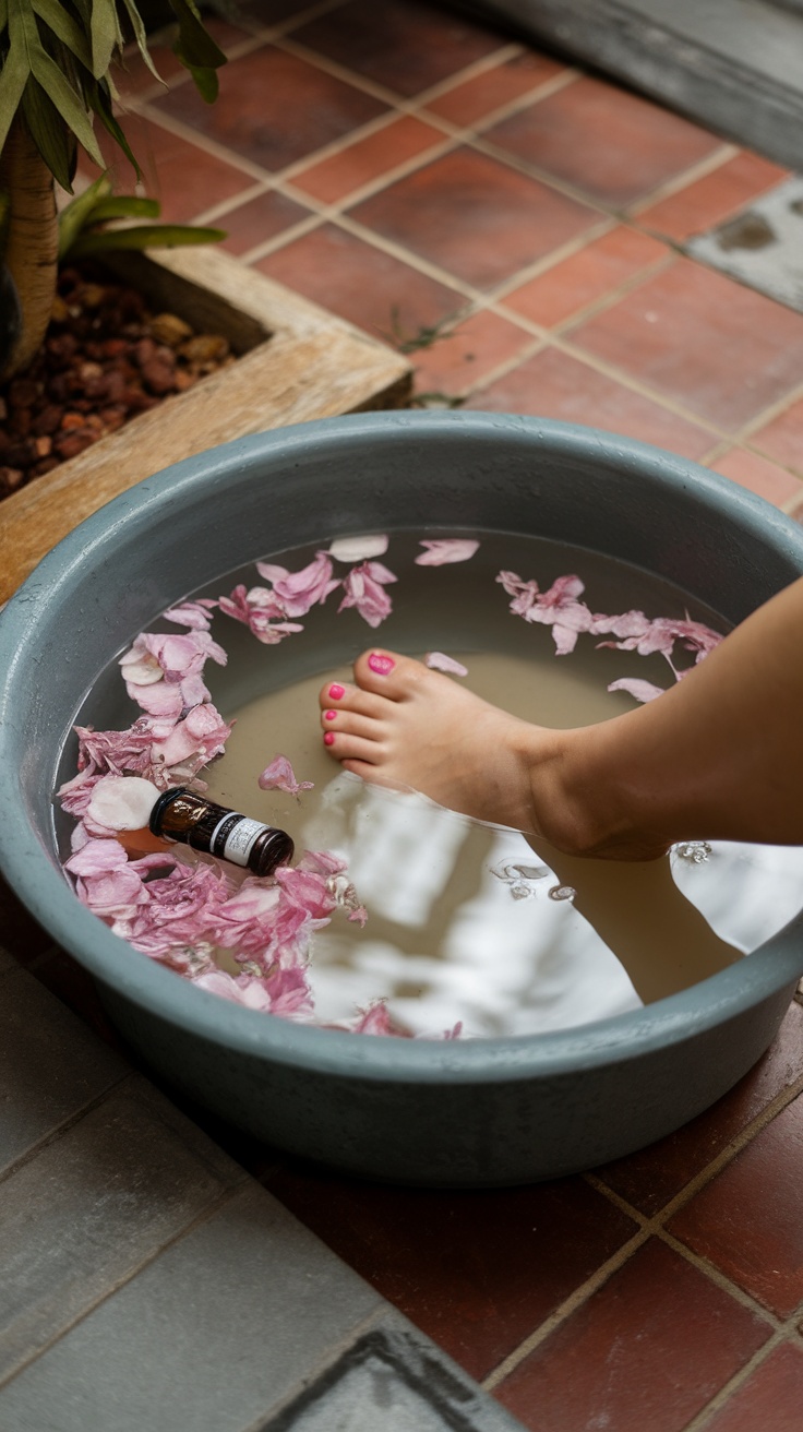 A foot soaking in a bowl with flower petals and essential oil.