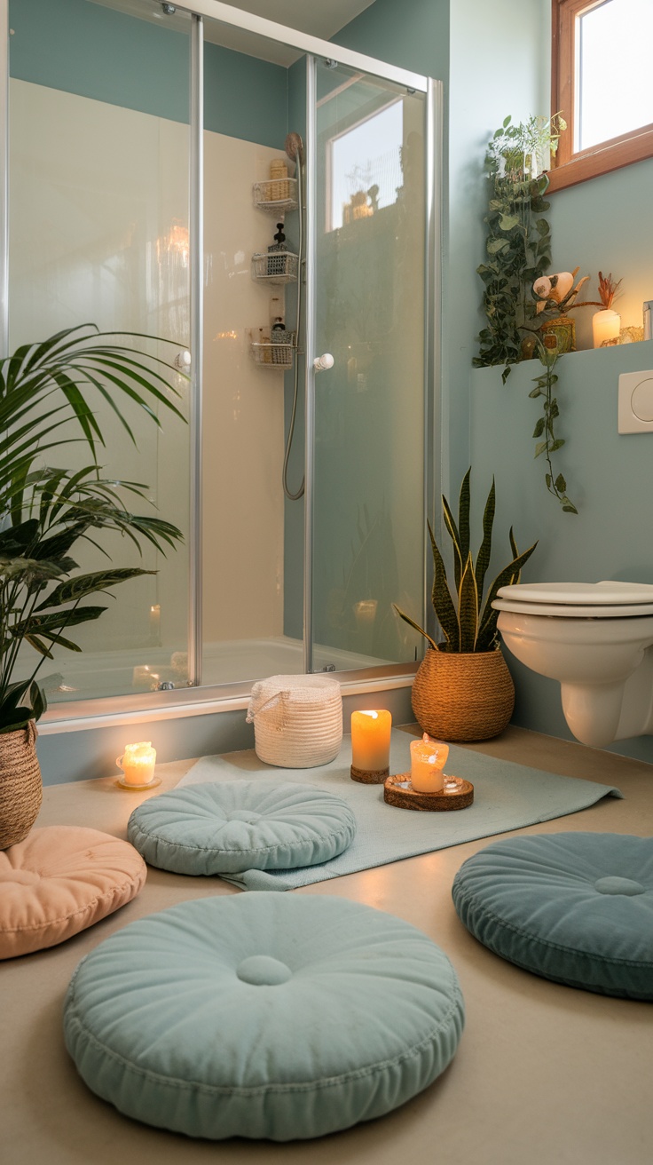 A cozy meditation corner in a bathroom with cushions, candles, and plants.