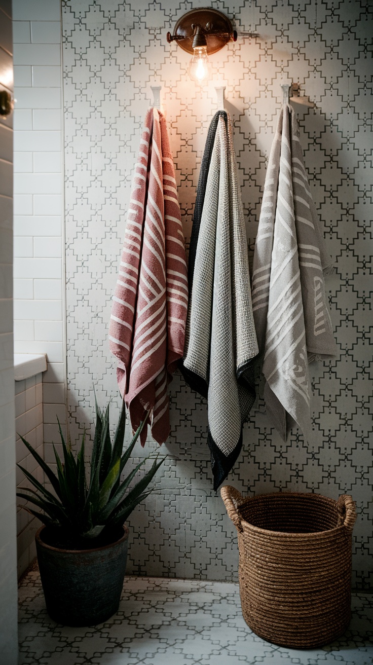 Image of repurposed towels hanging in a stylish bathroom setting.