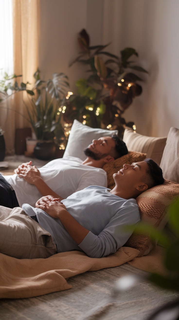 Two people relaxing on a sofa surrounded by plants, engaged in guided meditation.