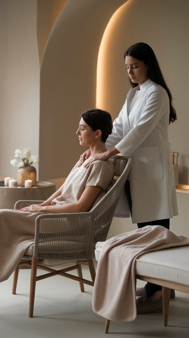 Two women engaged in a relaxing massage in a warm, soothing room.