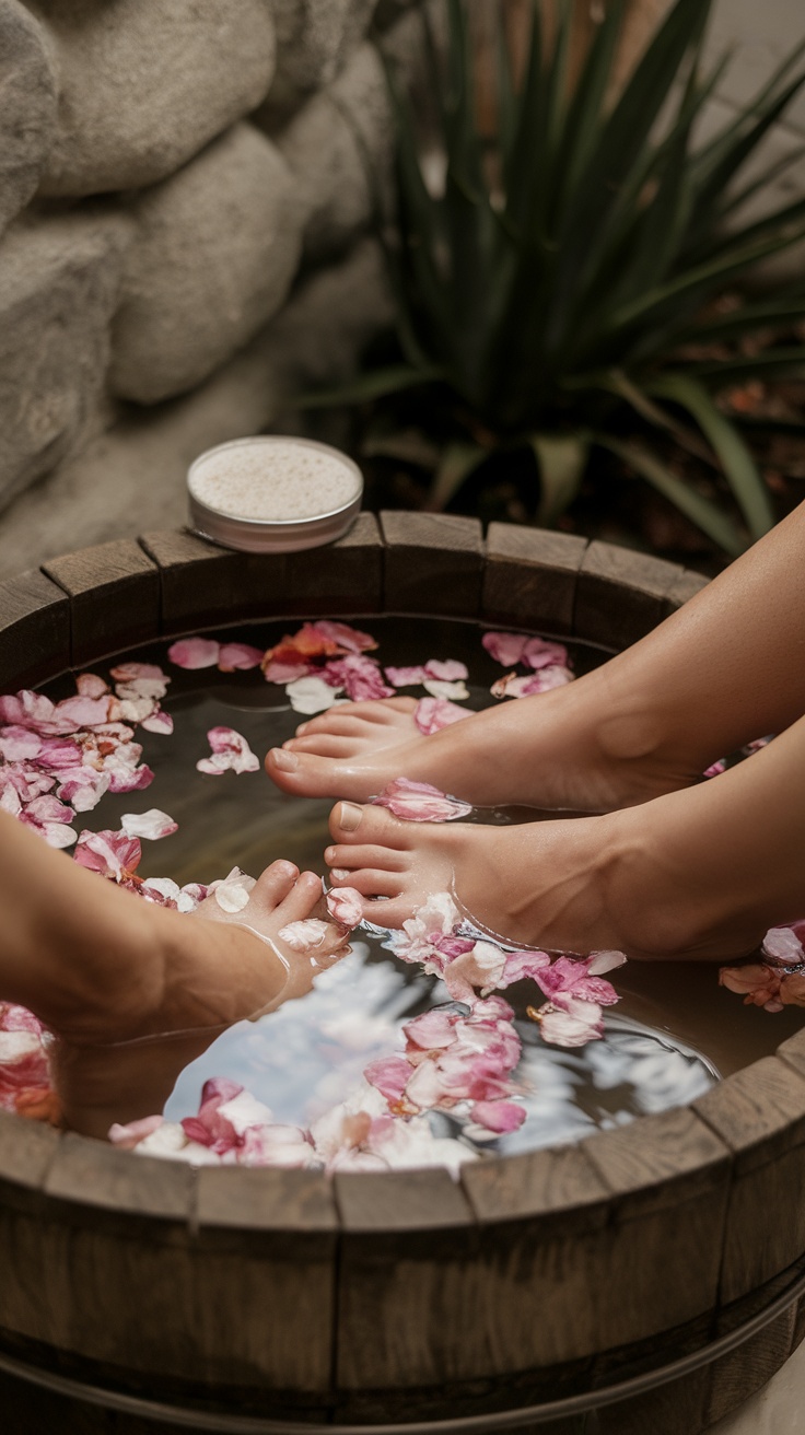 Feet soaking in a wooden basin with rose petals.