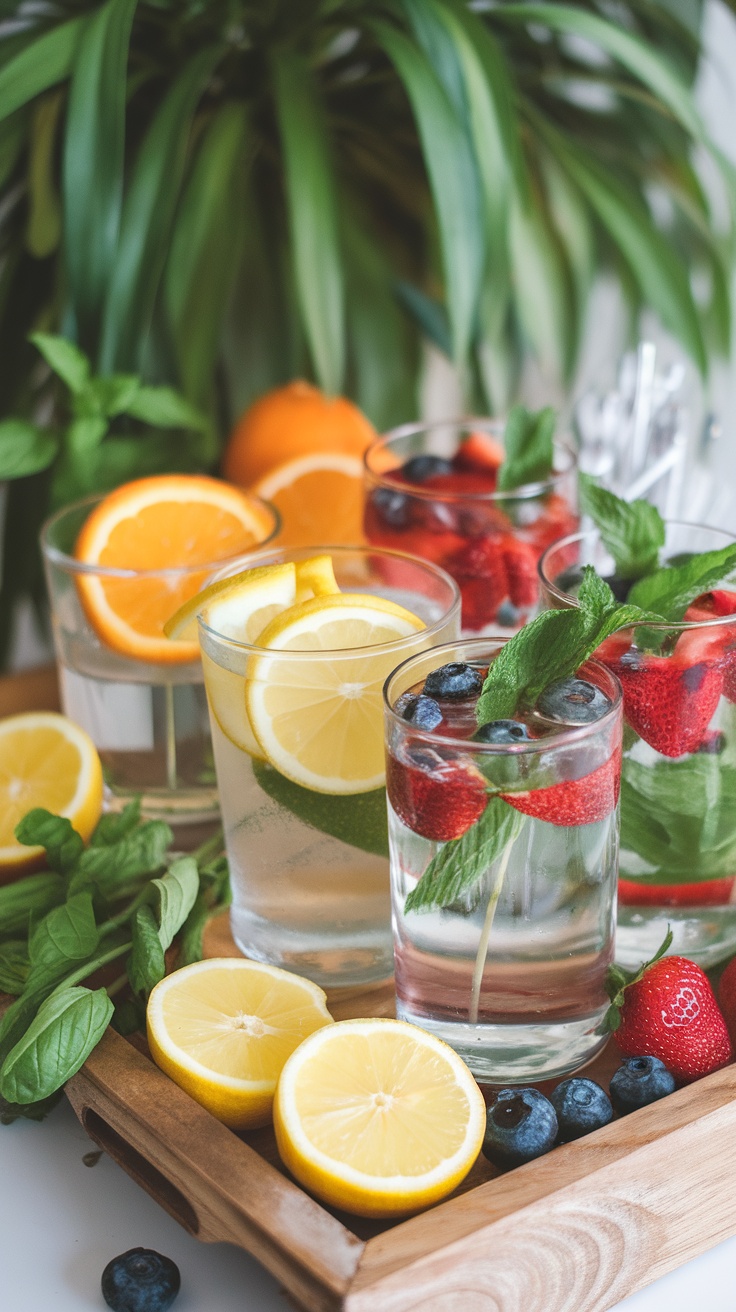 A variety of fruit-infused water glasses with lemons, strawberries, and blueberries on a wooden tray.