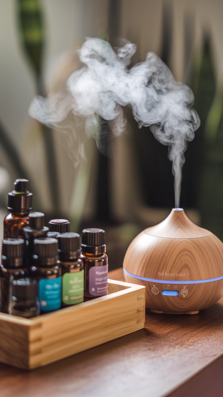 Essential oils and a diffuser for aromatherapy in a cozy setting.