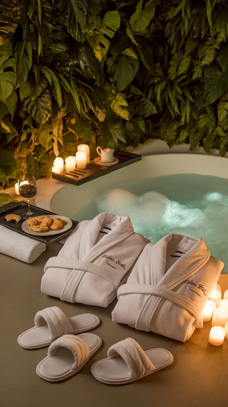 Cozy spa setup with white robes, slippers, candles, and snacks.