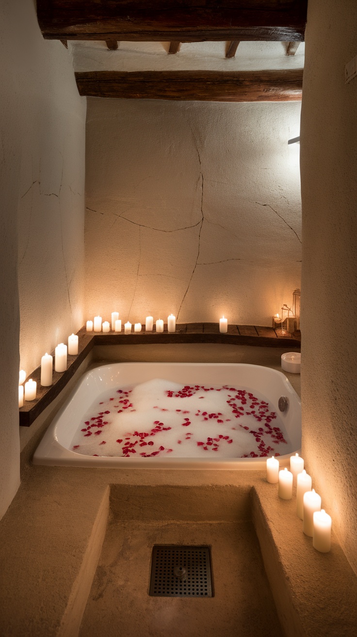 A serene candlelit bathroom with a tub filled with bubbles and rose petals.