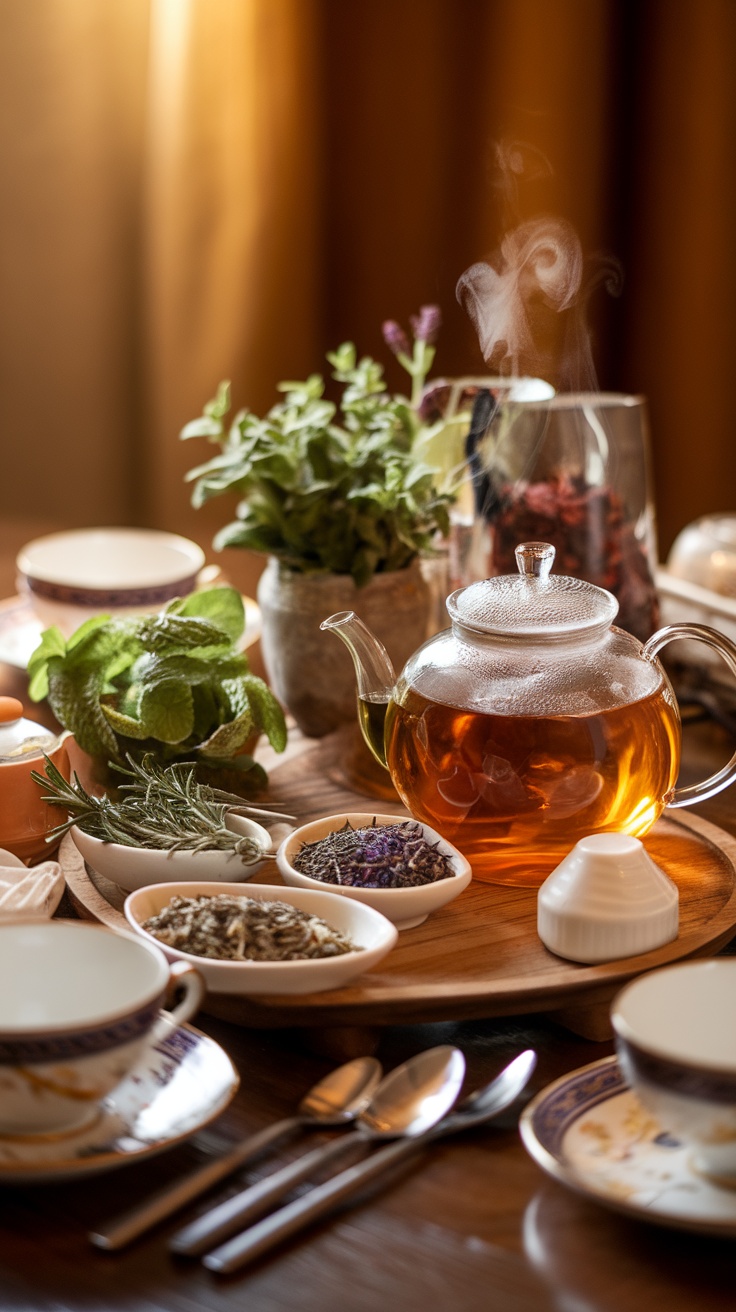 A tea setup with herbal ingredients, teapot, and cups, perfect for a spa day at home.