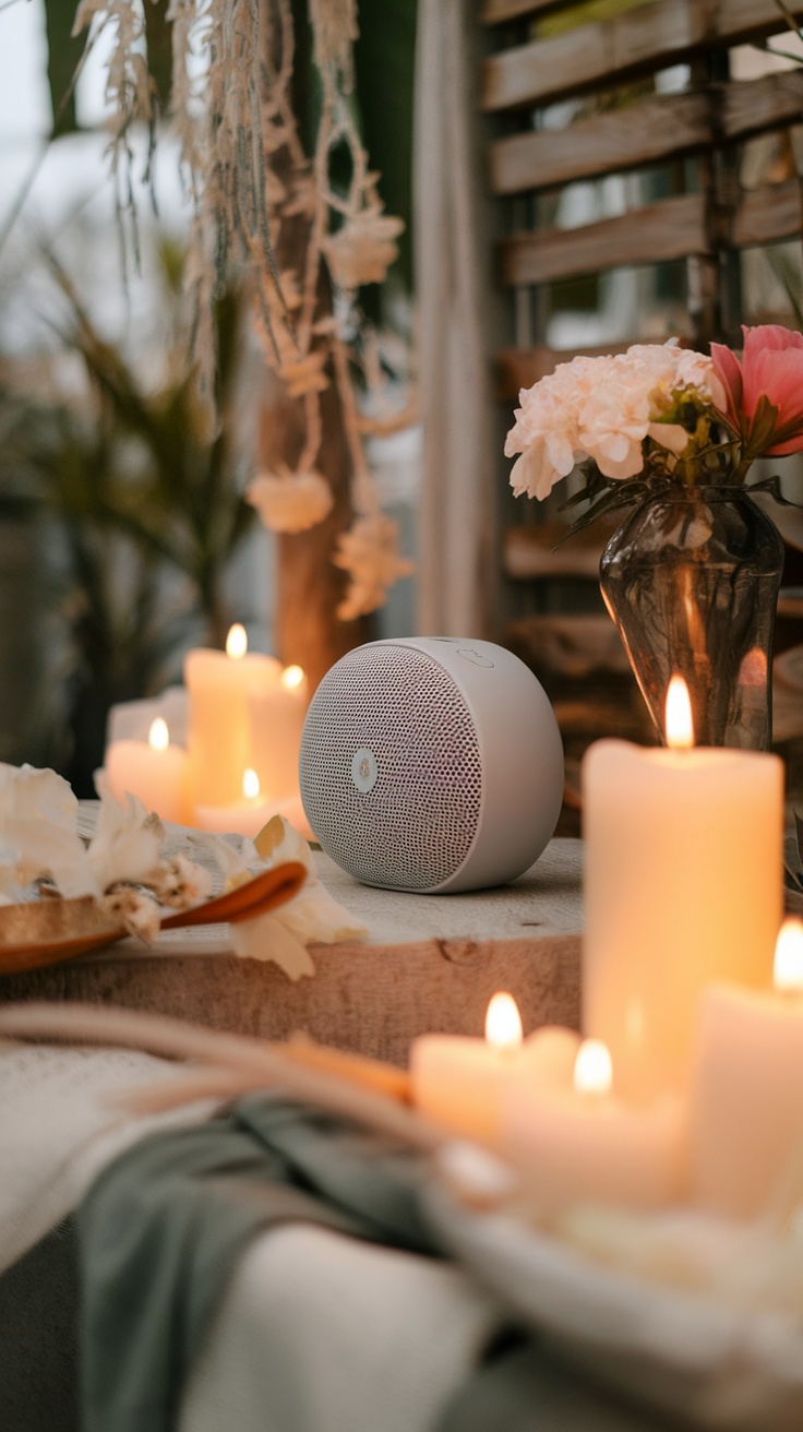 A relaxing setup with a speaker, candles, and flowers for a home spa day.