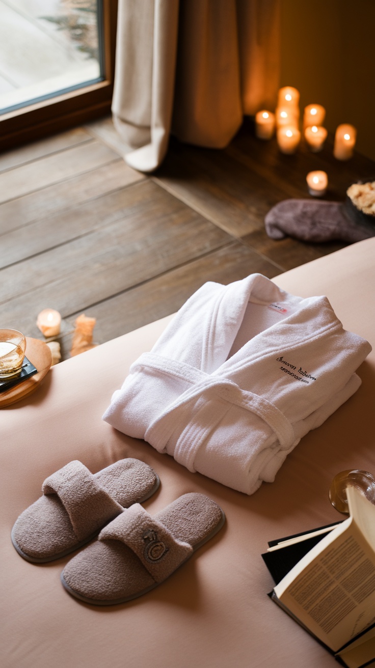 A plush white robe and soft slippers laid out on a bed with candles and a book.