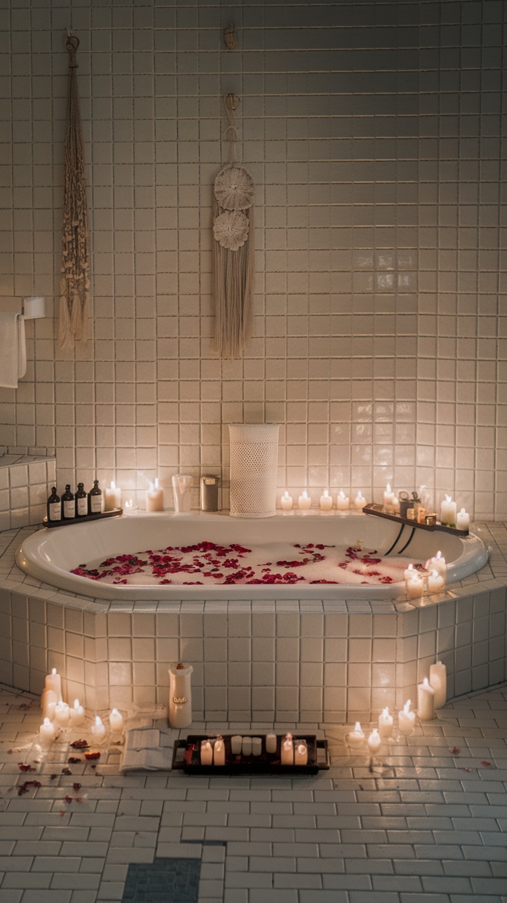 A relaxing aromatherapy bath setup with candles and rose petals.