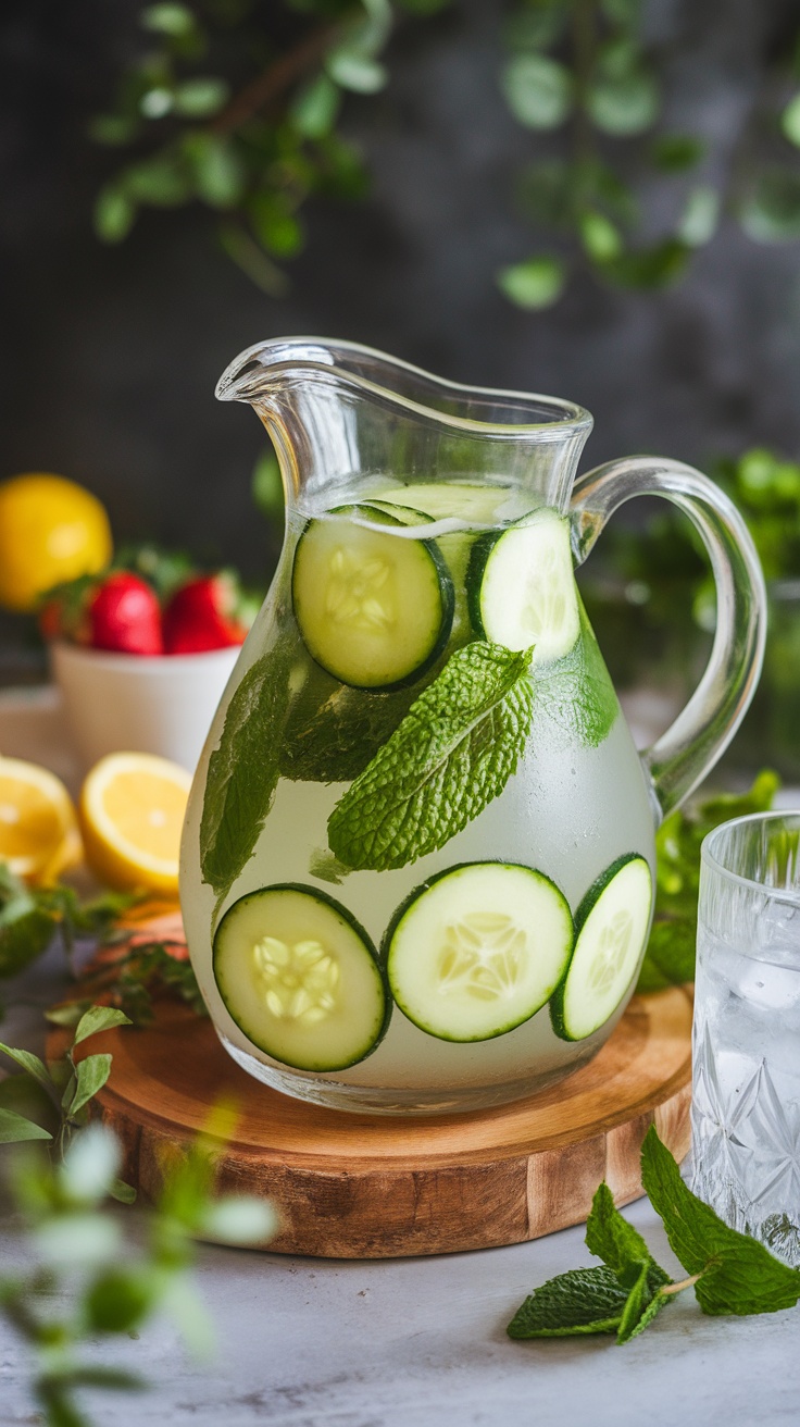 A pitcher of refreshing cucumber water with mint leaves.