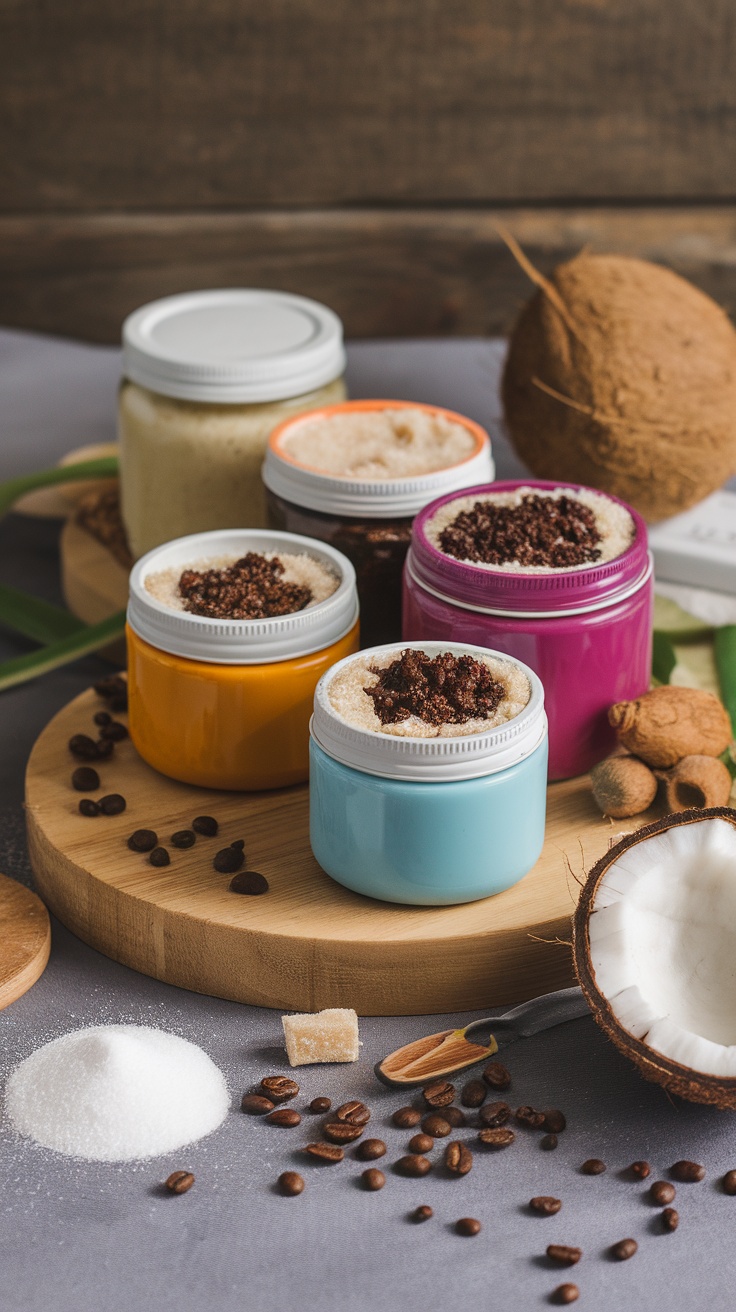 A variety of colorful jars filled with homemade body scrubs, alongside coffee beans and coconut.