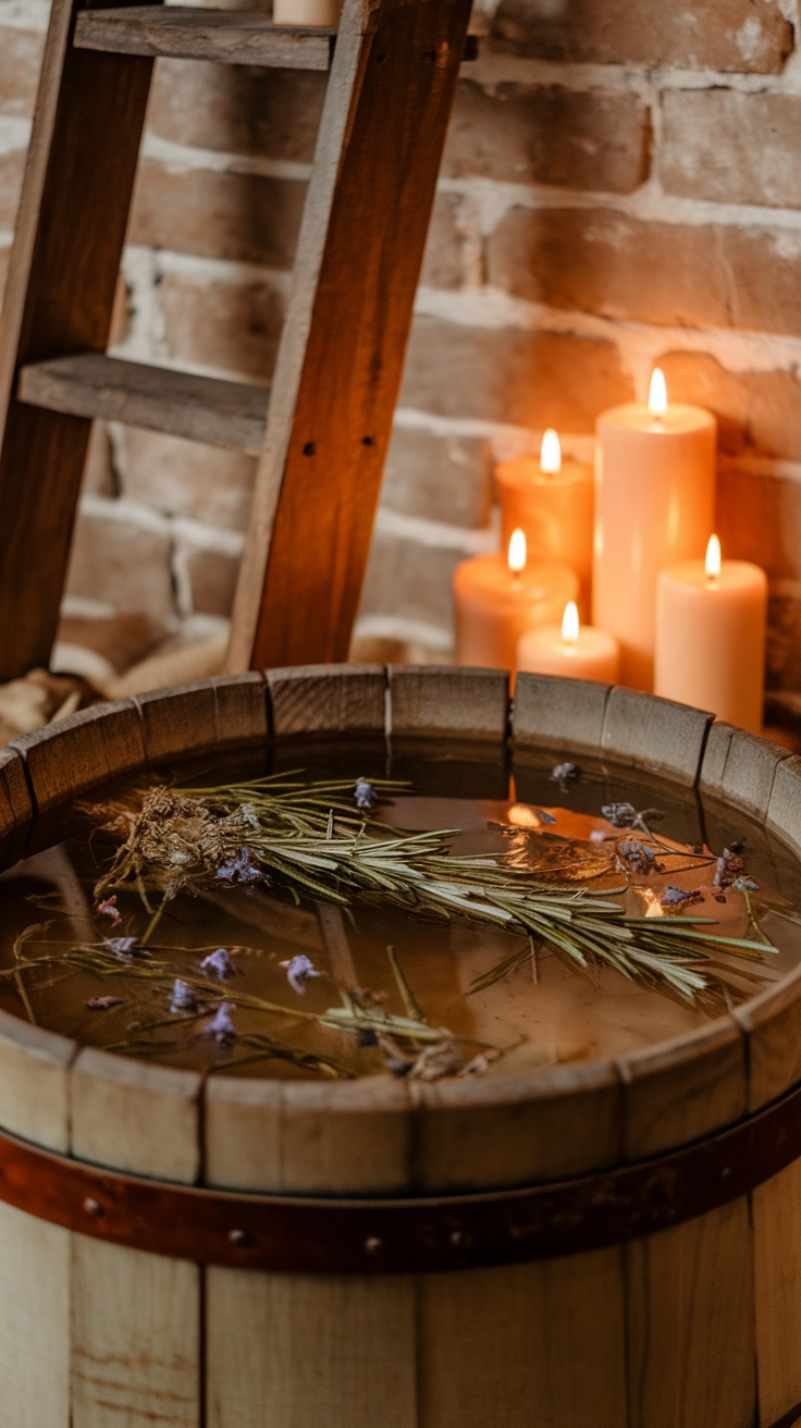 A wooden tub filled with water and herbs, surrounded by candles.