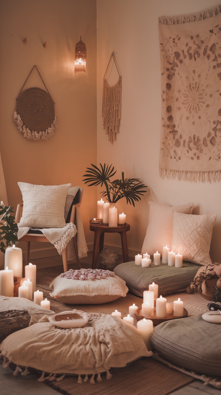 A beautifully arranged meditation space with candles, pillows, and soft lighting.