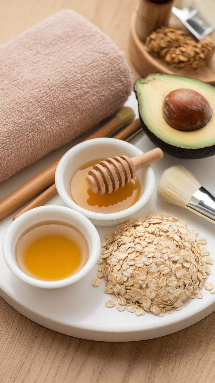 Ingredients for DIY facial mask including avocado, honey, and oats on a wooden surface.