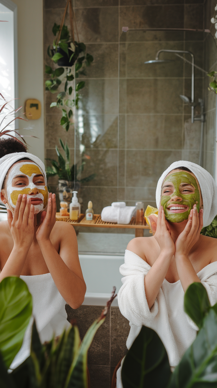 Two people applying green facial masks in a cozy bathroom setting.