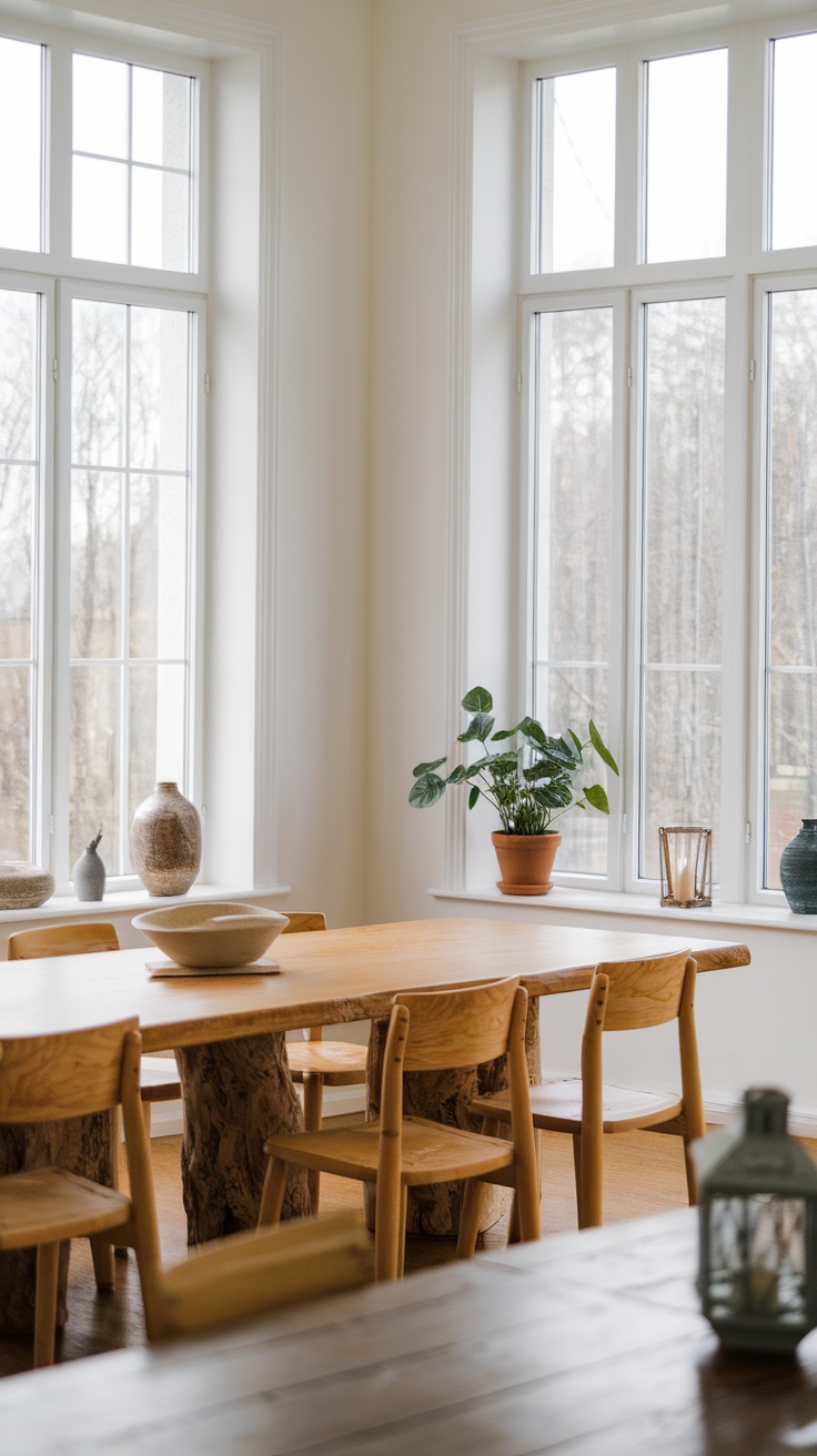Bright dining room with large windows and wooden table and chairs.