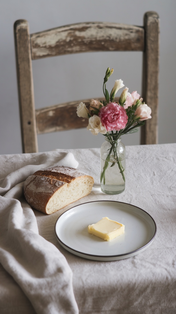 Minimalist dining table with bread, butter, and flowers.