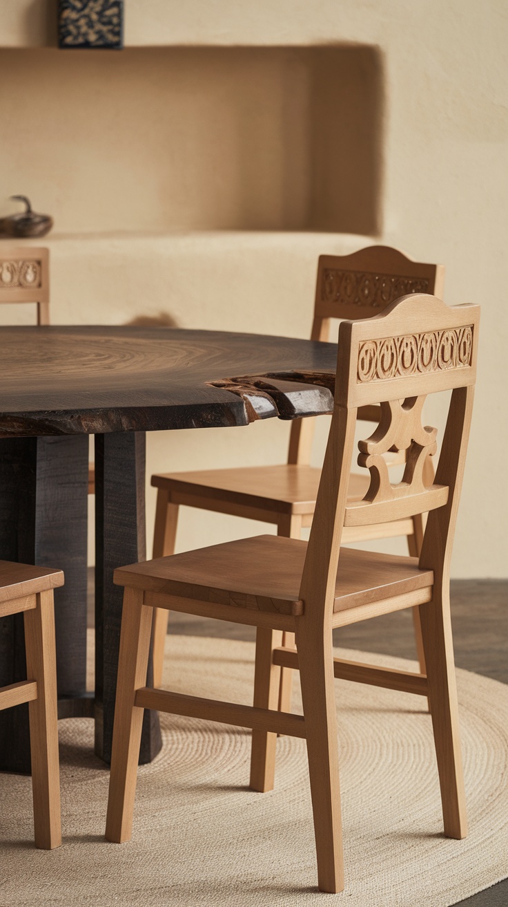 A beautifully crafted round dining table with wooden chairs, showcasing artisan craftsmanship in a modern organic dining room.