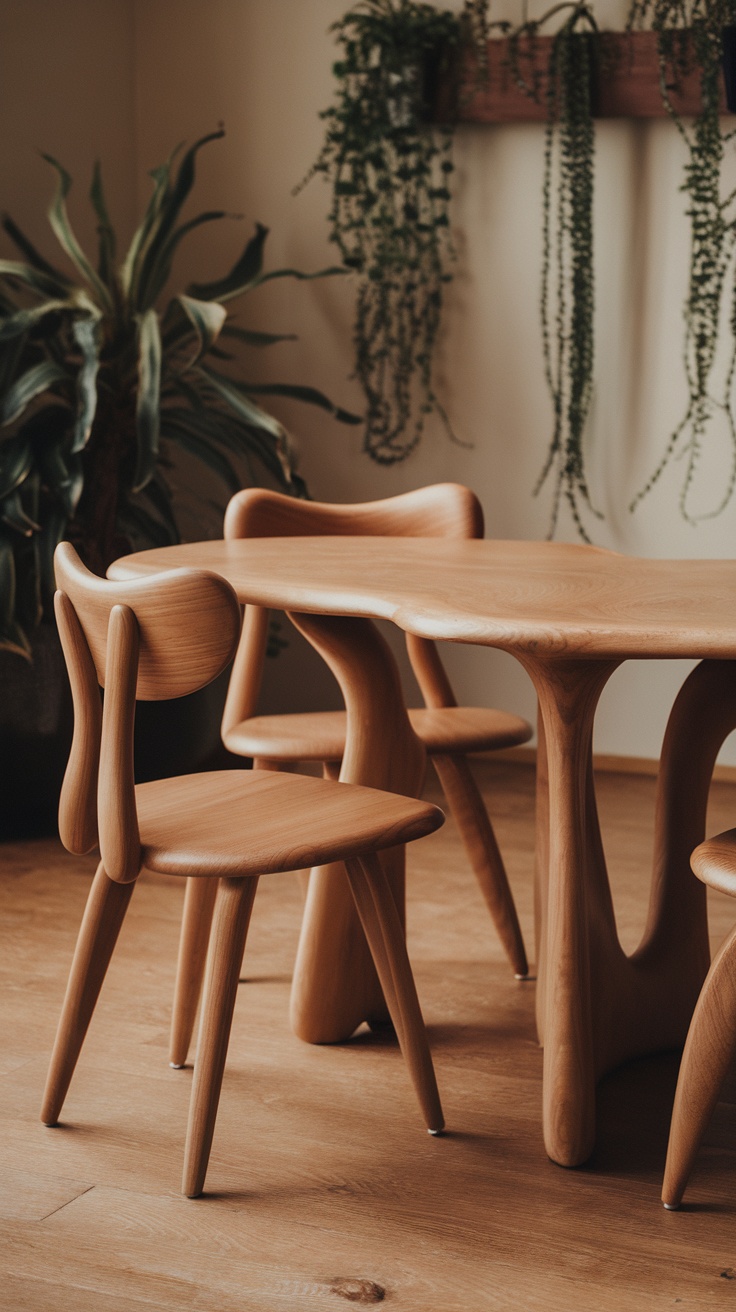 A wooden round dining table and curved chairs in a cozy dining room decor.