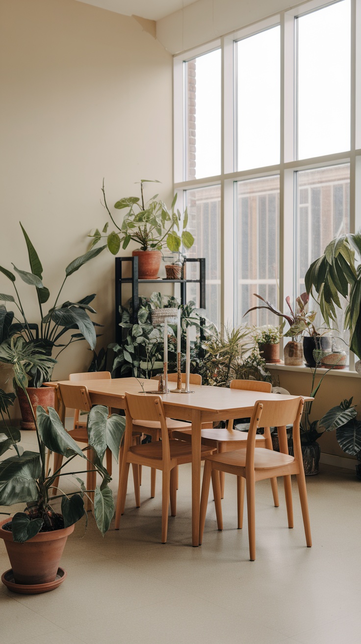 A cozy dining room with a round table surrounded by plants and natural light.