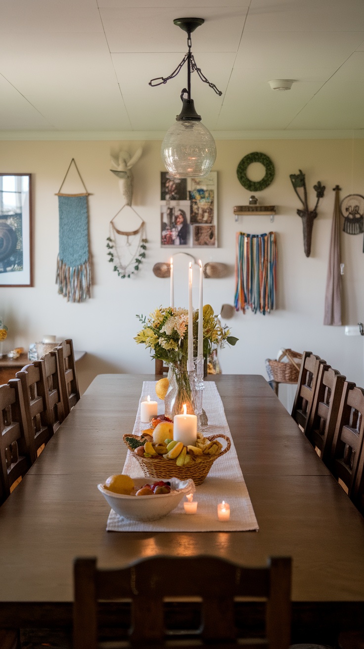 A beautifully decorated dining room featuring a long wooden table with candles and a centerpiece of fruits, surrounded by wooden chairs and wall art.