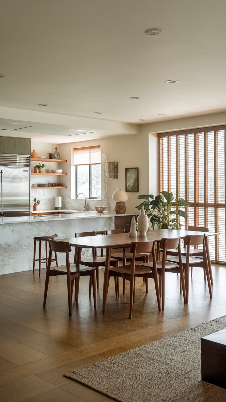 A modern dining room with a round table, wooden chairs, and a cozy atmosphere.