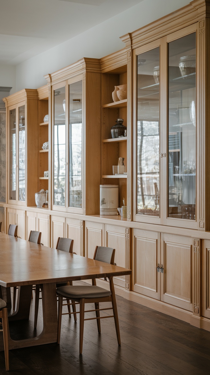 Stylish wooden storage cabinets in a modern dining room with a round table and chairs.
