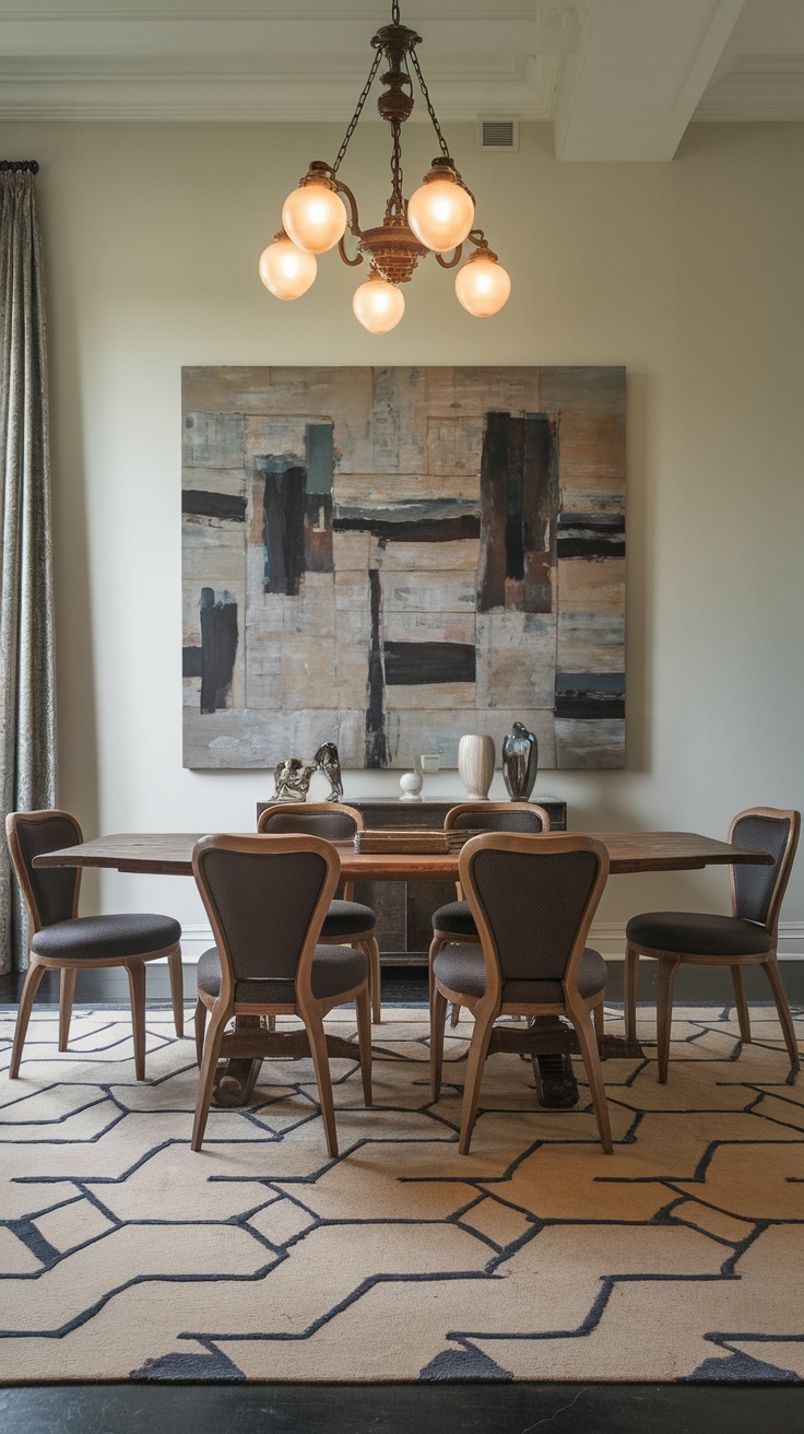 A stylish dining room featuring a round table, vintage chairs, and modern art.