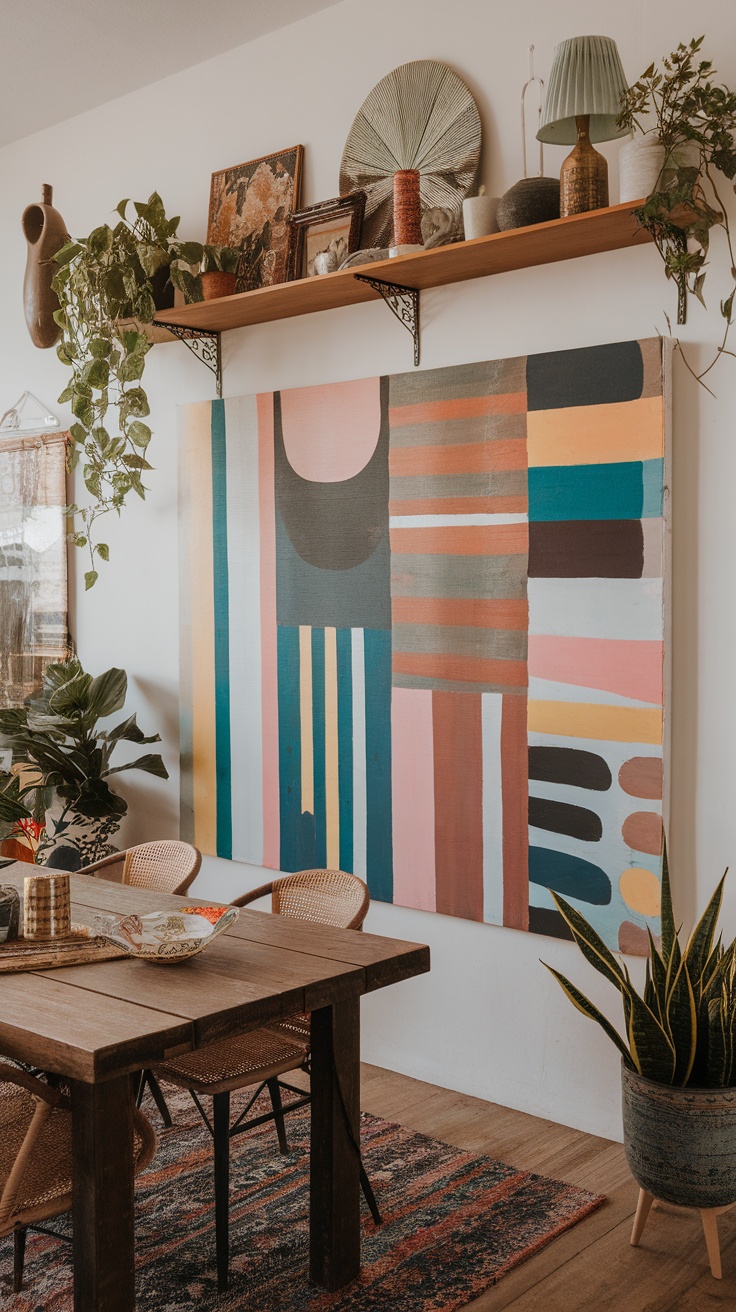 A cozy dining room featuring textured fabrics and a round dining table.
