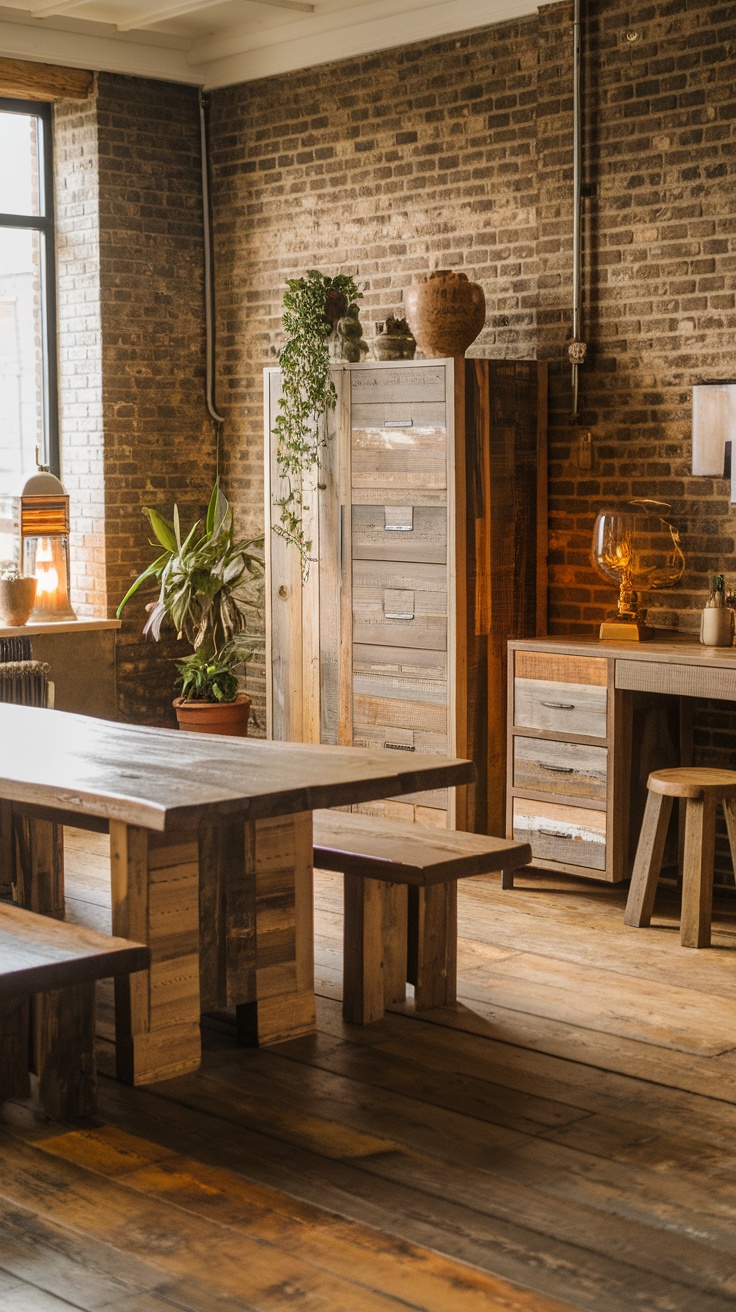 A rustic dining room featuring a wooden table, natural decor, and warm lighting.