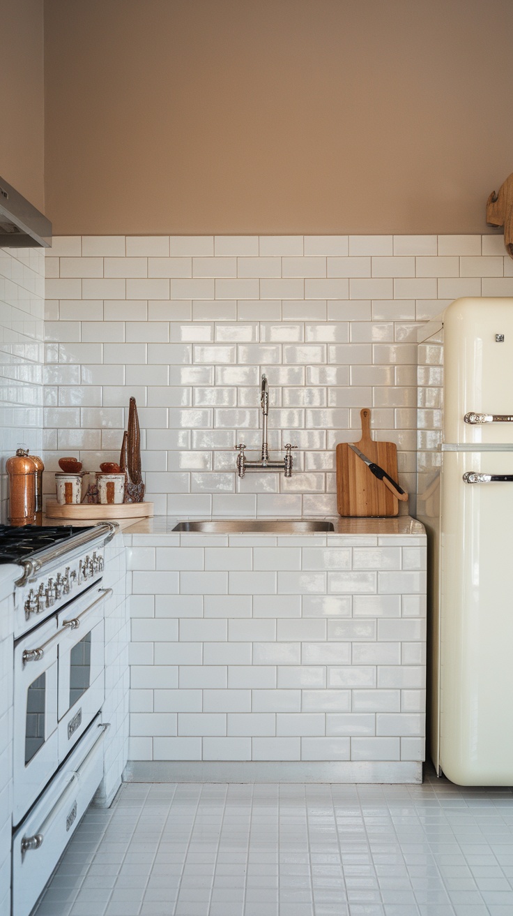 A kitchen featuring sleek white subway tiles as a backsplash.