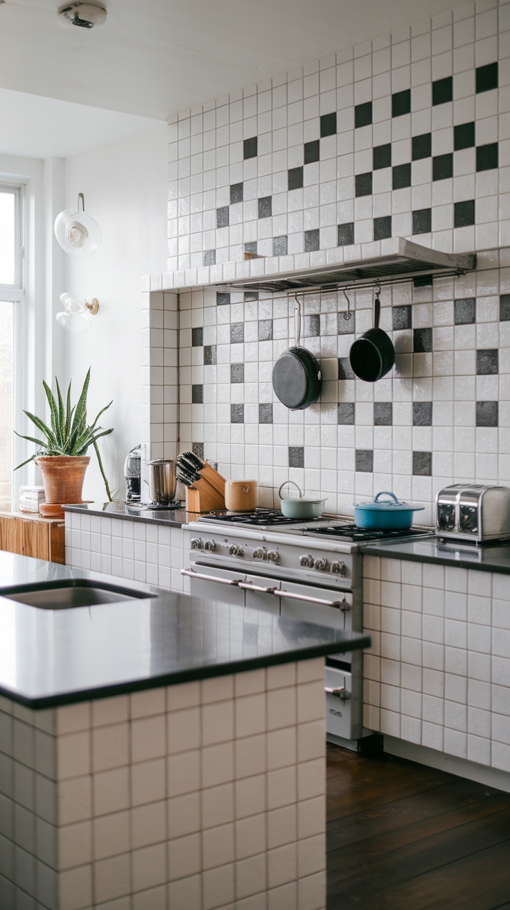 A modern kitchen featuring a black and white tile backsplash with a sleek design.